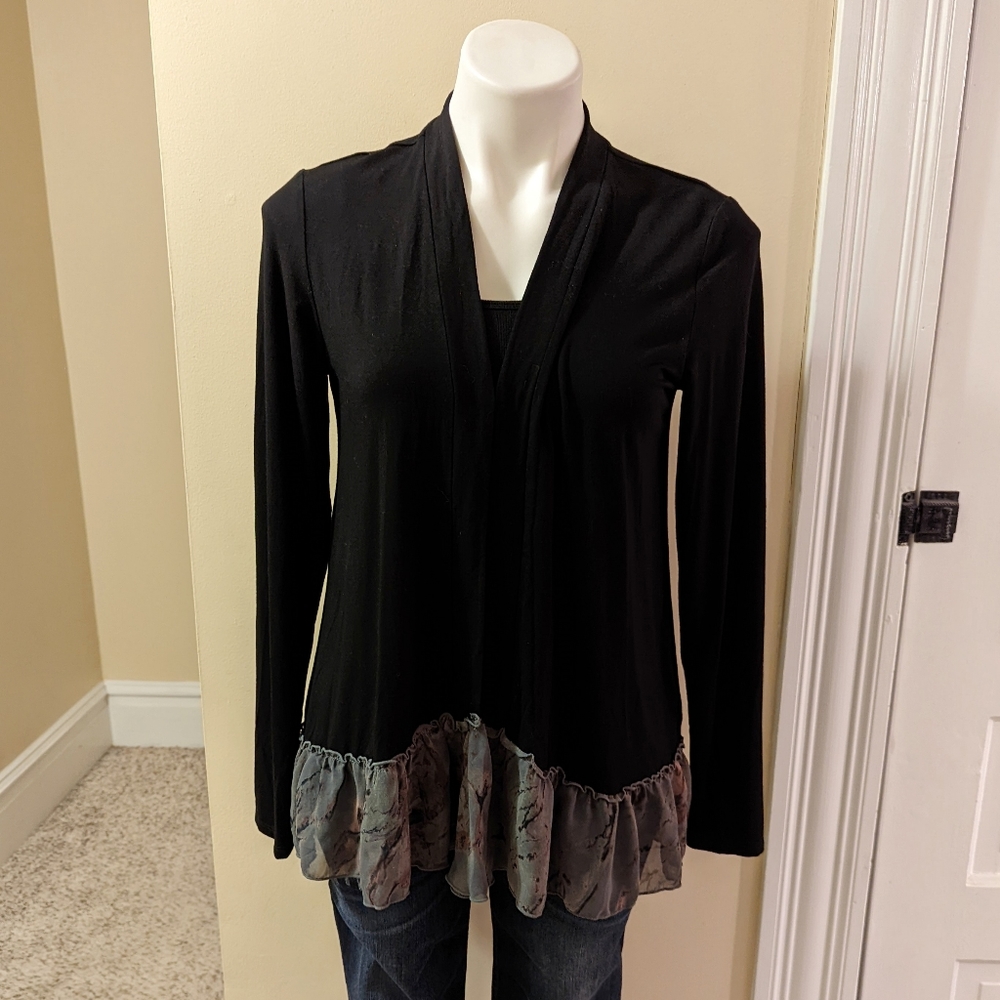 Logo by Lori Goldstein black mixed media cardigan with cute ruffle Size Small
